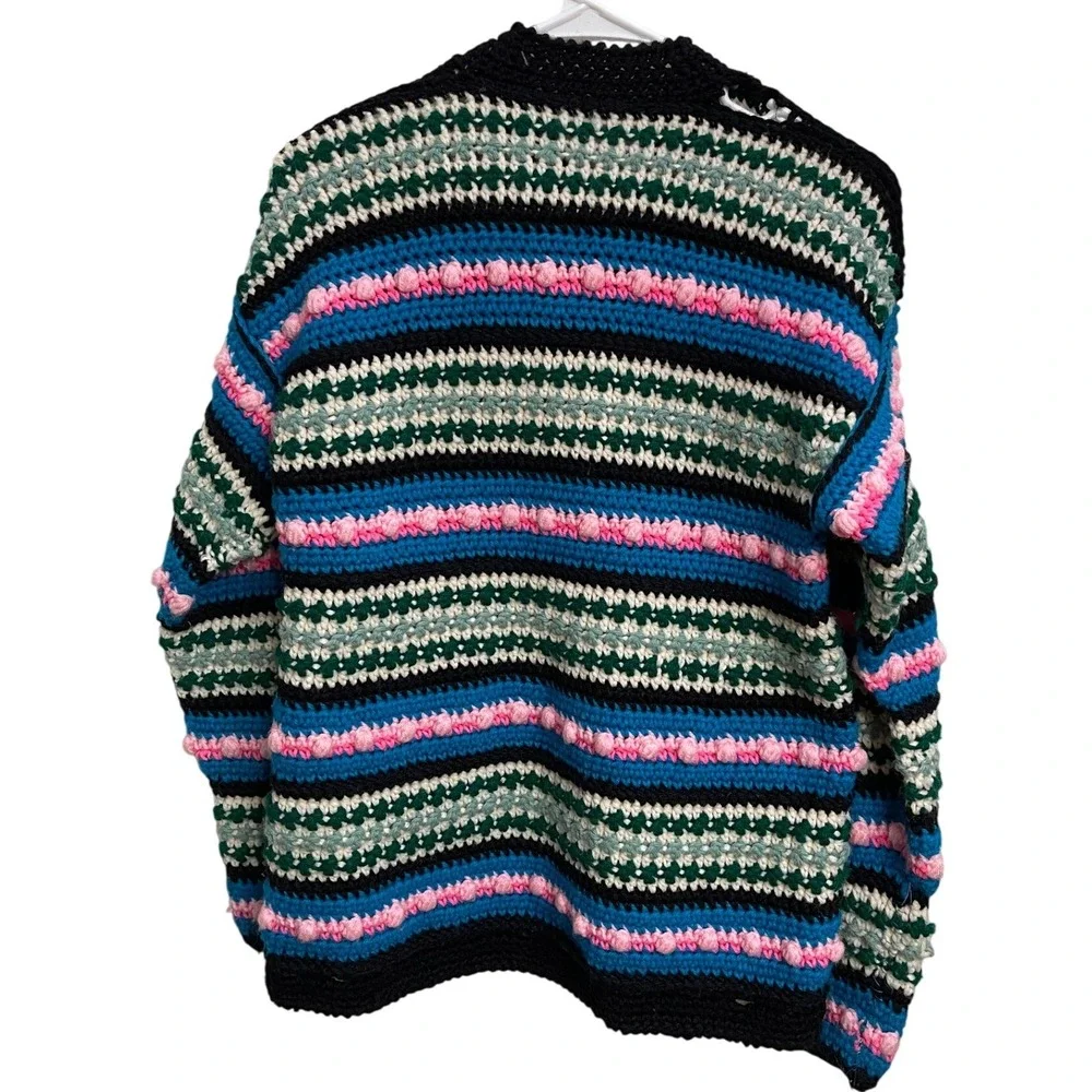 Hand Crocheted‎ Striped Cardigan Chunky Knit Grannycore Sweater w/ Flaw